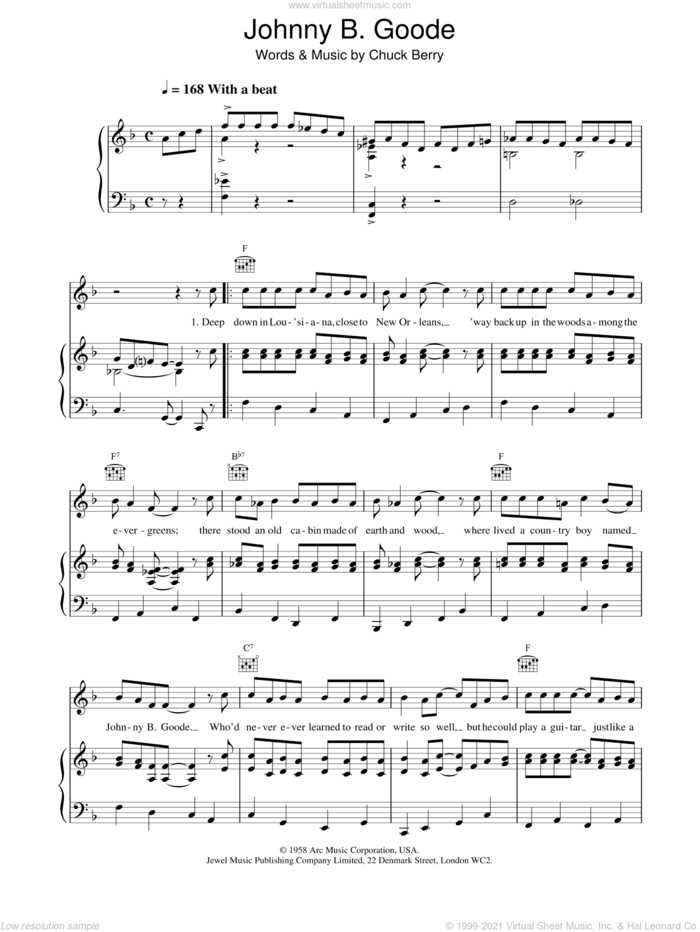 Johnny B. Goode sheet music for voice, piano or guitar by Chuck Berry, intermediate skill level