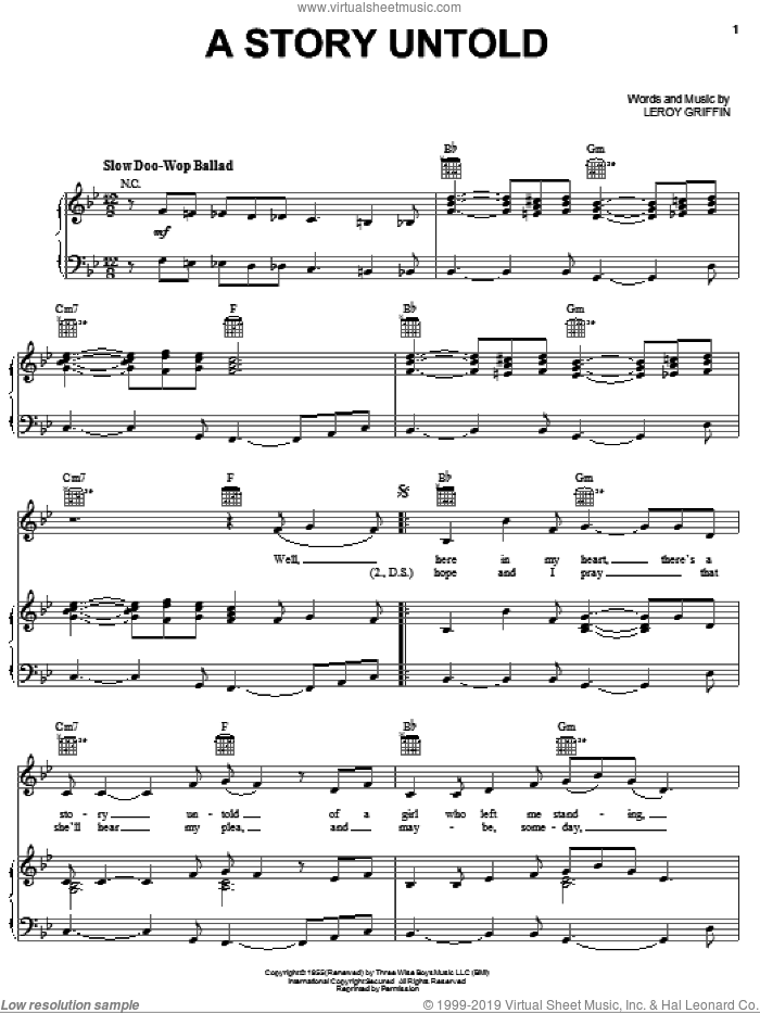 A Story Untold sheet music for voice, piano or guitar by The Nutmegs and Leroy Griffin, intermediate skill level