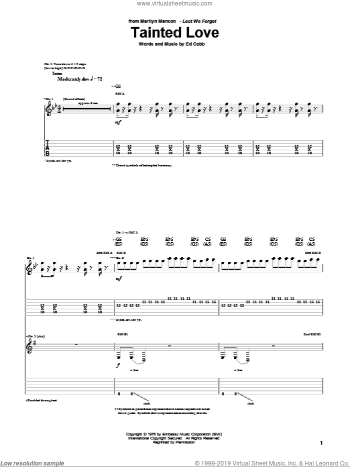 Tainted Love sheet music for guitar (tablature) by Marilyn Manson, Soft Cell and Ed Cobb, intermediate skill level