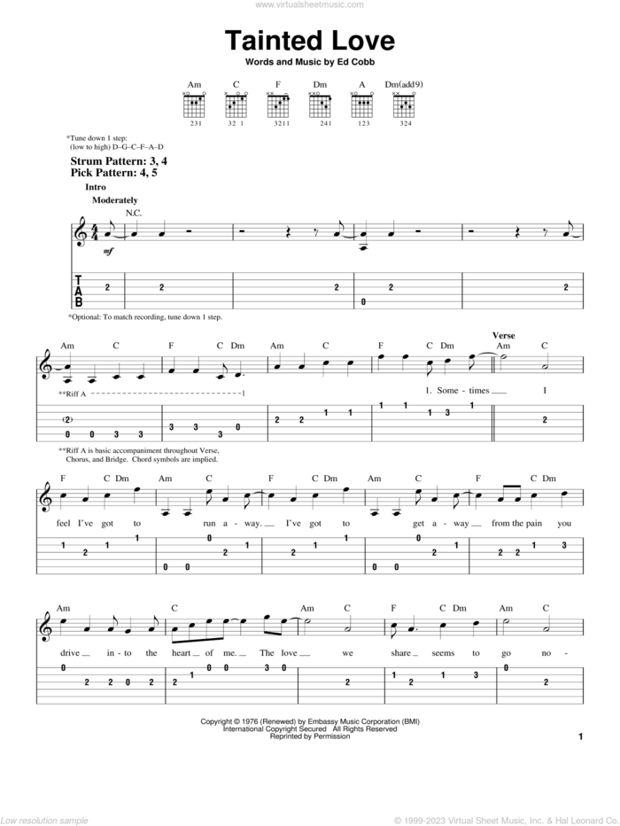 Tainted Love sheet music for guitar solo (easy tablature) by Soft Cell and Ed Cobb, easy guitar (easy tablature)