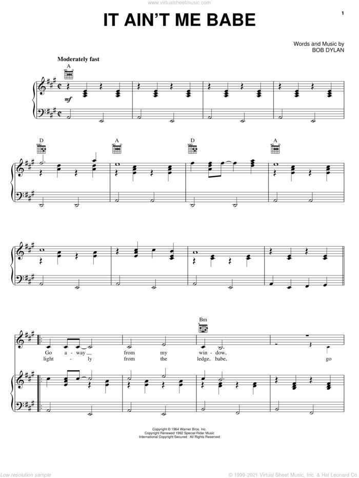It Ain't Me, Babe sheet music for voice, piano or guitar by Johnny Cash and Bob Dylan, intermediate skill level