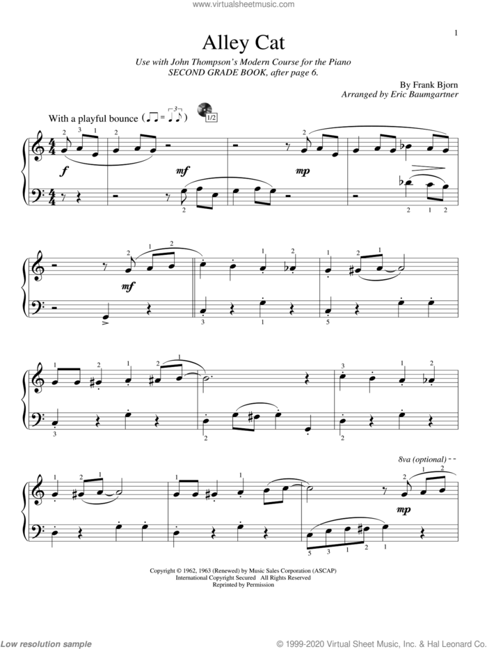 Alley Cat sheet music for piano solo (elementary) by Frank Bjorn, Eric Baumgartner and Bent Fabric, beginner piano (elementary)