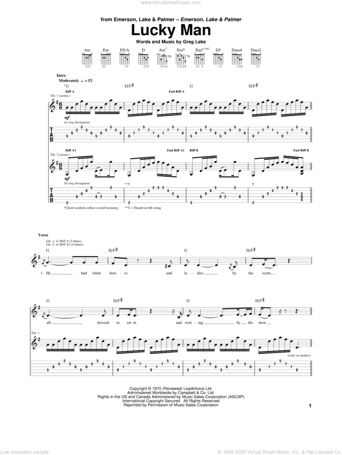 Lucky Man sheet music for guitar (tablature) by Emerson, Lake & Palmer and Greg Lake, intermediate skill level