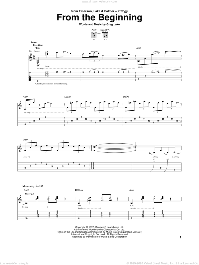 From The Beginning sheet music for guitar (tablature) by Emerson, Lake & Palmer and Greg Lake, intermediate skill level