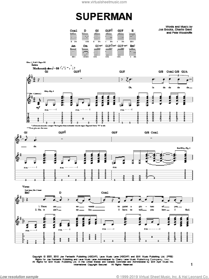 Superman sheet music for guitar (tablature) by Joseph Brooks, Charlie Grant and Pete Woodroffe, intermediate skill level