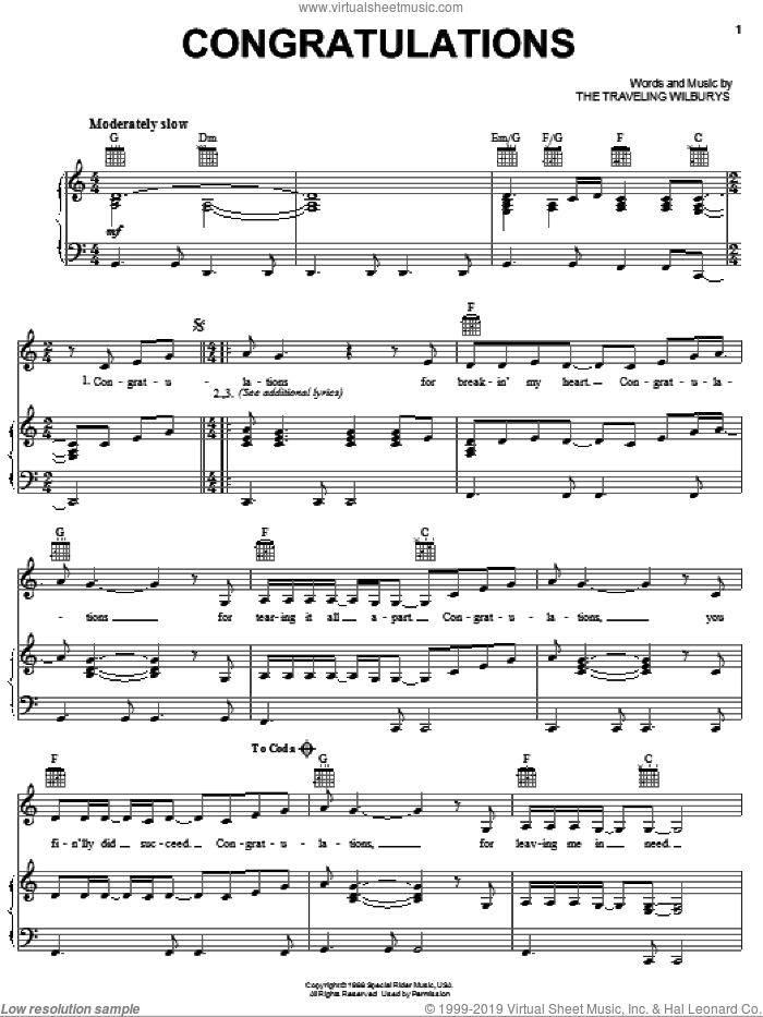 Congratulations sheet music for voice, piano or guitar by The Traveling Wilburys, Bob Dylan, George Harrison, Jeff Lynne, Roy Orbison and Tom Petty, intermediate skill level