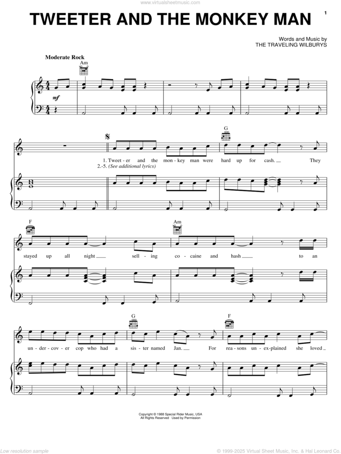 Tweeter And The Monkey Man sheet music for voice, piano or guitar by The Traveling Wilburys, Bob Dylan, George Harrison, Jeff Lynne, Roy Orbison and Tom Petty, intermediate skill level