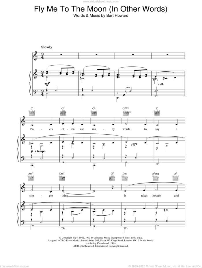 Fly Me To The Moon (In Other Words) sheet music for voice, piano or guitar by Frank Sinatra and Bart Howard, wedding score, intermediate skill level