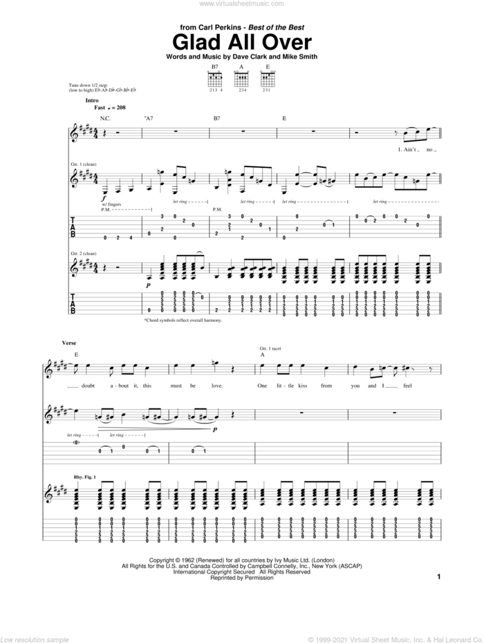 Glad All Over sheet music for guitar (tablature) by Carl Perkins, Dave Clark Five, Dave Clark and Michael W. Smith, intermediate skill level