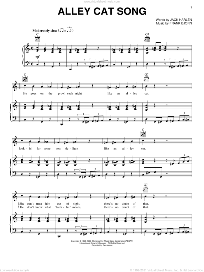 Alley Cat Song sheet music for voice, piano or guitar by Peggy Lee, Frank Bjorn and Jack Harlen, intermediate skill level