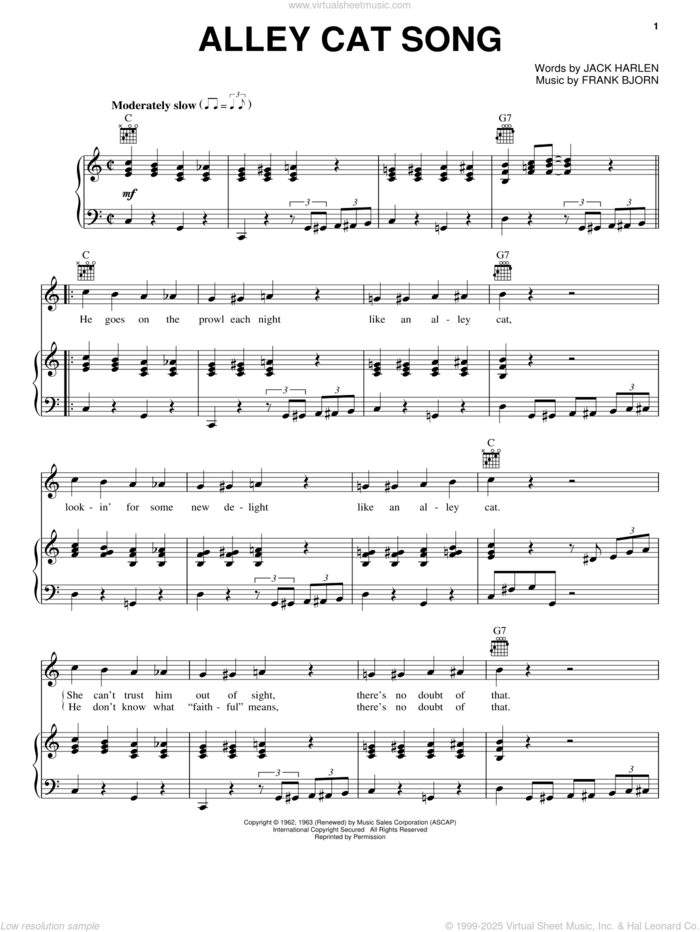 Alley Cat Song sheet music for voice, piano or guitar by Peggy Lee, Frank Bjorn and Jack Harlen, intermediate skill level