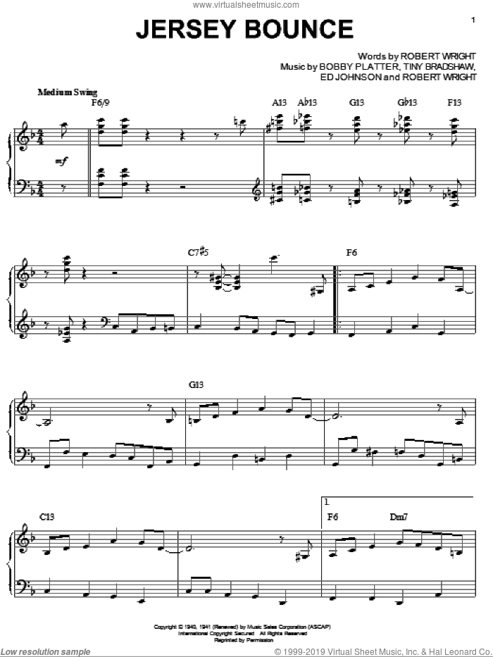 Jersey Bounce sheet music for piano solo by Benny Goodman, Bobby Platter, Ed Johnson, Robert Wright and Tiny Bradshaw, intermediate skill level