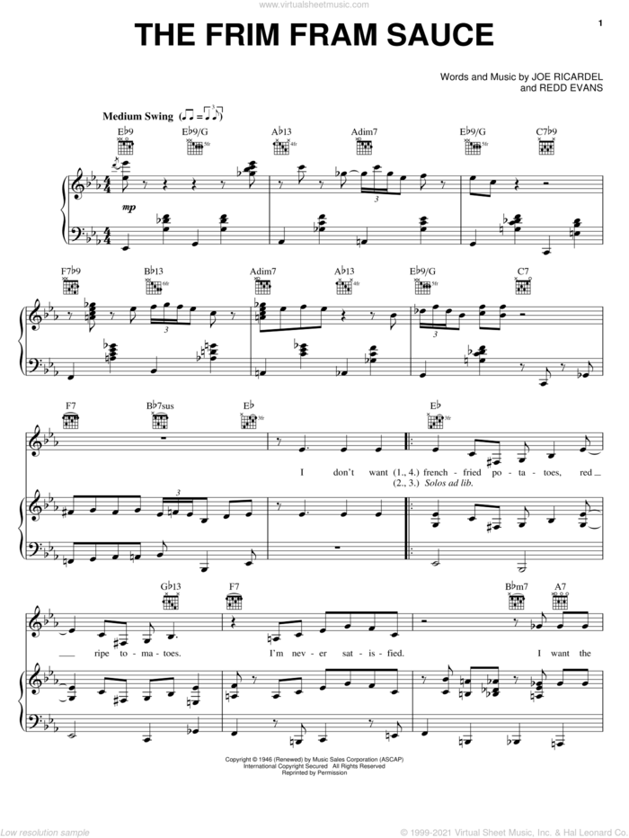 The Frim Fram Sauce sheet music for voice, piano or guitar by Diana Krall, Nat King Cole, Joe Ricardel and Redd Evans, intermediate skill level