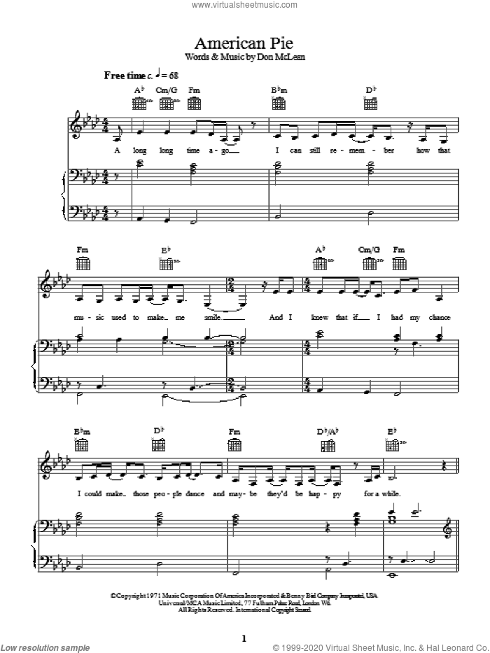 American Pie sheet music for voice, piano or guitar by Don McLean and Madonna, intermediate skill level