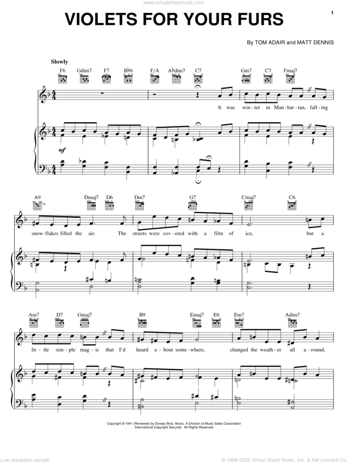 Violets For Your Furs sheet music for voice, piano or guitar by Frank Sinatra, Stacey Kent, Matt Dennis and Tom Adair, intermediate skill level