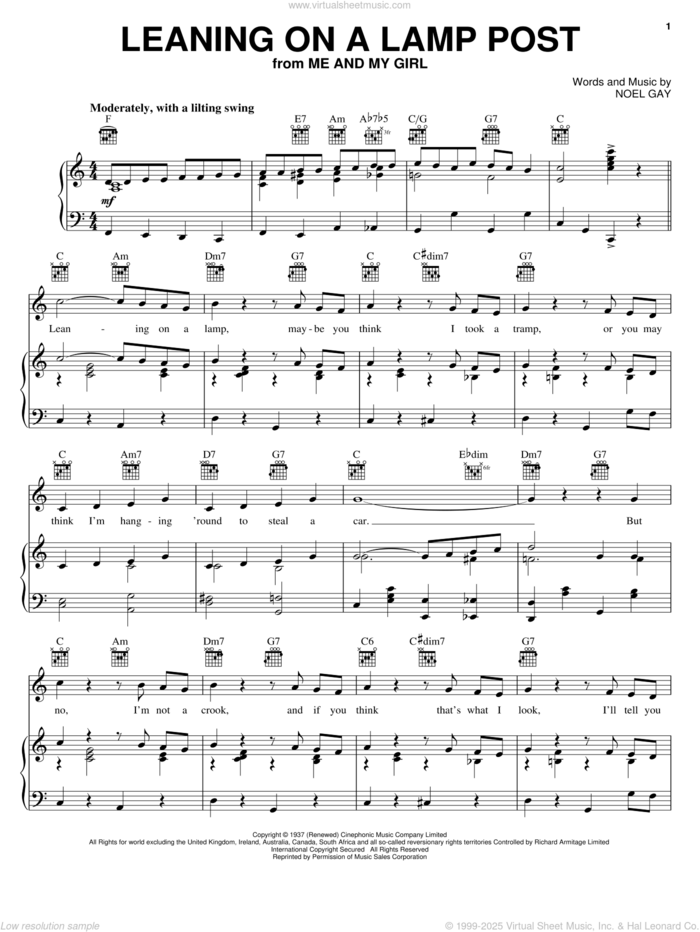 Leaning On A Lamp Post sheet music for voice, piano or guitar by Noel Gay, intermediate skill level