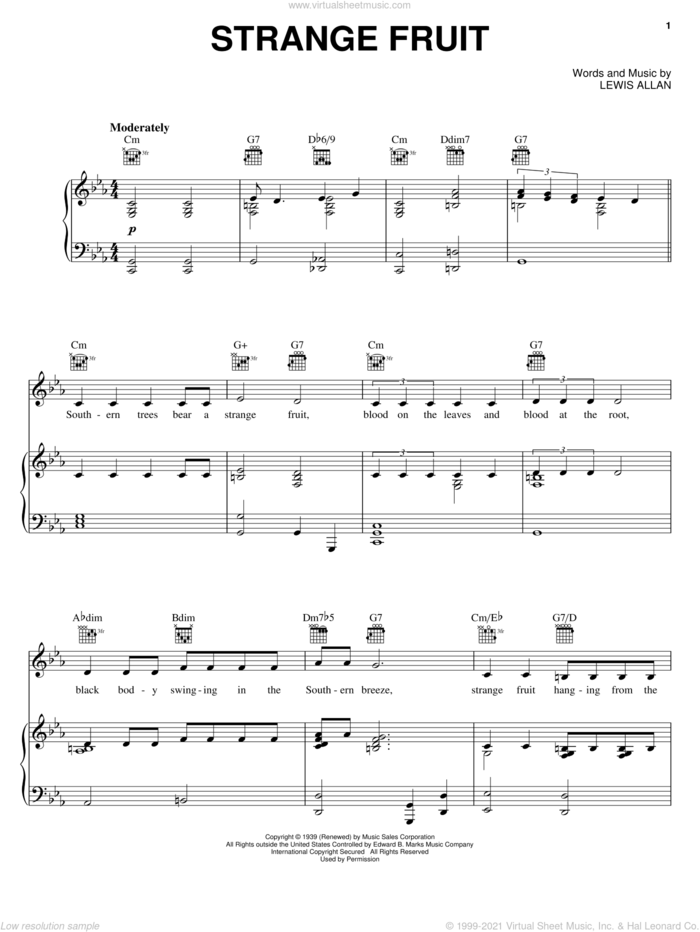 Strange Fruit sheet music for voice, piano or guitar by Billie Holiday and Lewis Allan, intermediate skill level
