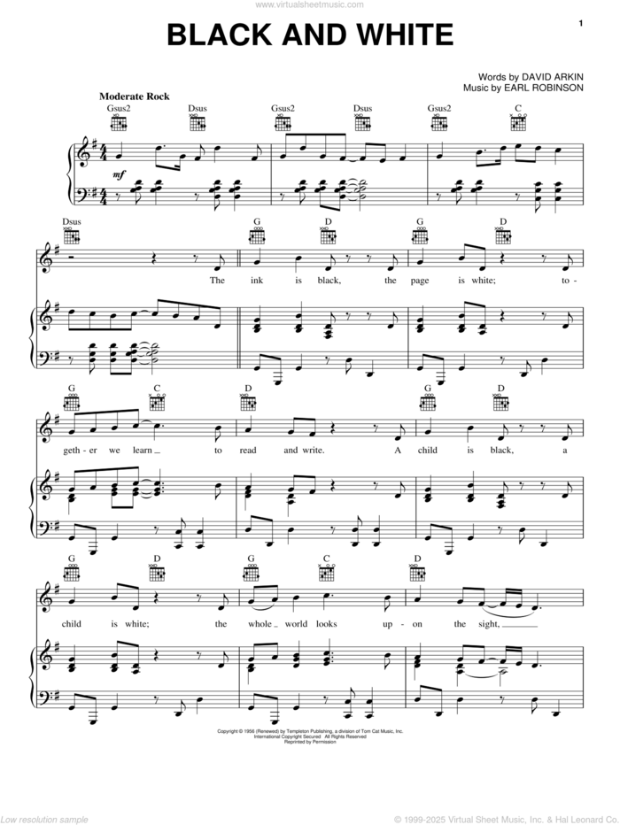 Black And White sheet music for voice, piano or guitar by Three Dog Night, David Arkin and Earl Robinson, intermediate skill level