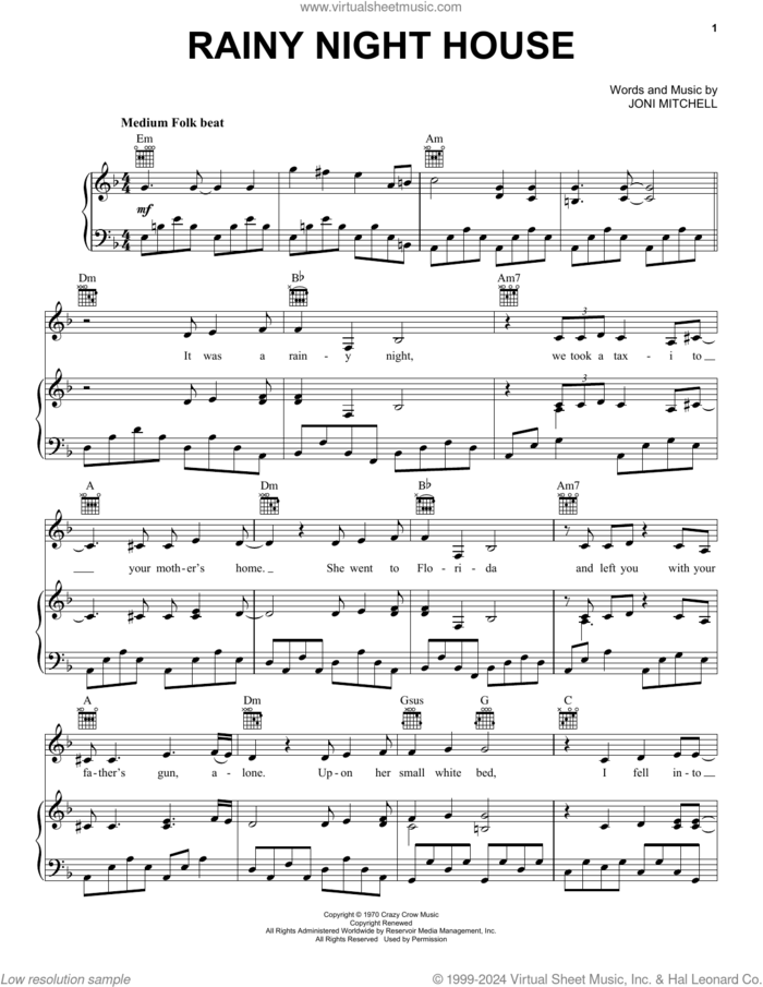 Rainy Night House sheet music for voice, piano or guitar by Joni Mitchell, intermediate skill level