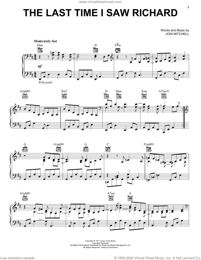 The Last Time I Saw Richard sheet music for voice, piano or guitar by Joni Mitchell, intermediate skill level