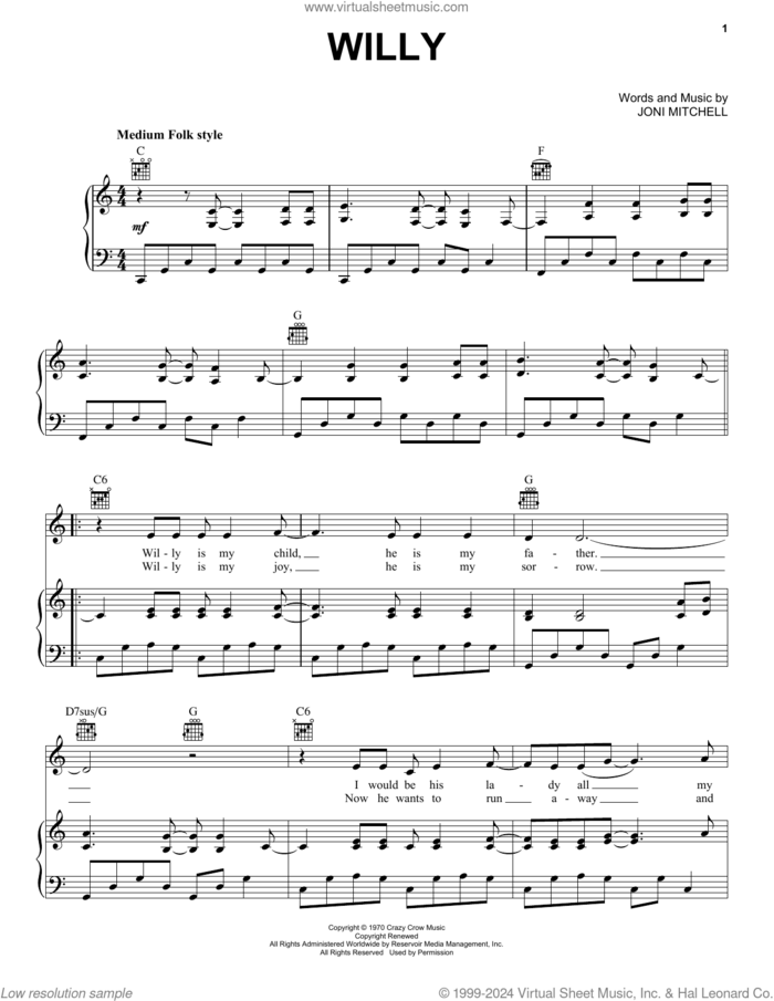 Willy sheet music for voice, piano or guitar by Joni Mitchell, intermediate skill level