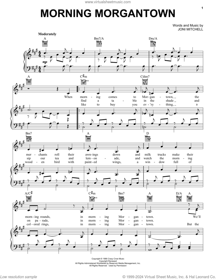 Morning Morgantown sheet music for voice, piano or guitar by Joni Mitchell, intermediate skill level