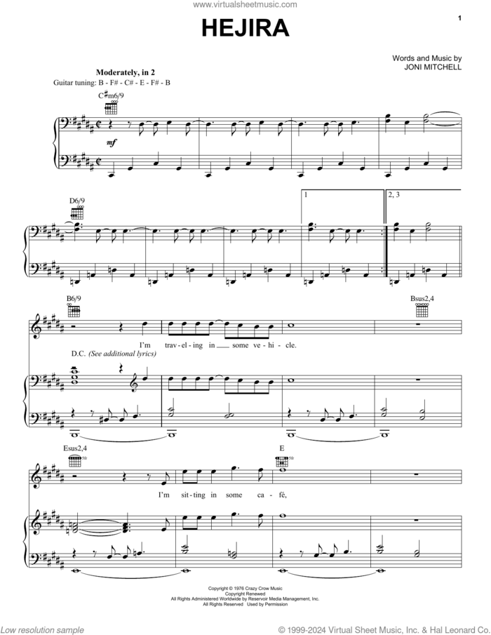 Hejira sheet music for voice, piano or guitar by Joni Mitchell, intermediate skill level