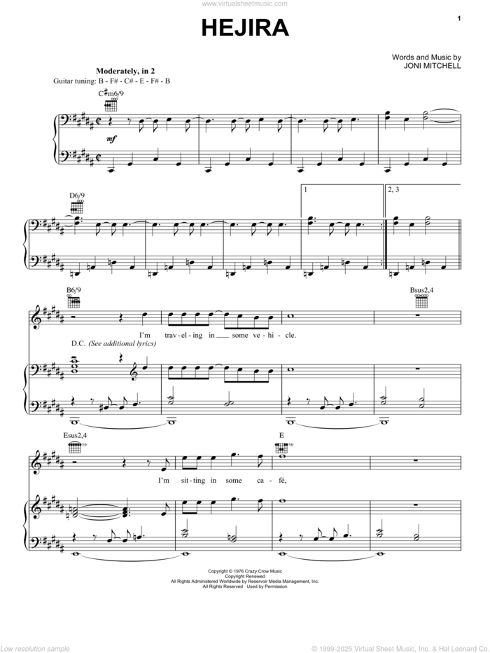 Hejira sheet music for voice, piano or guitar by Joni Mitchell, intermediate skill level