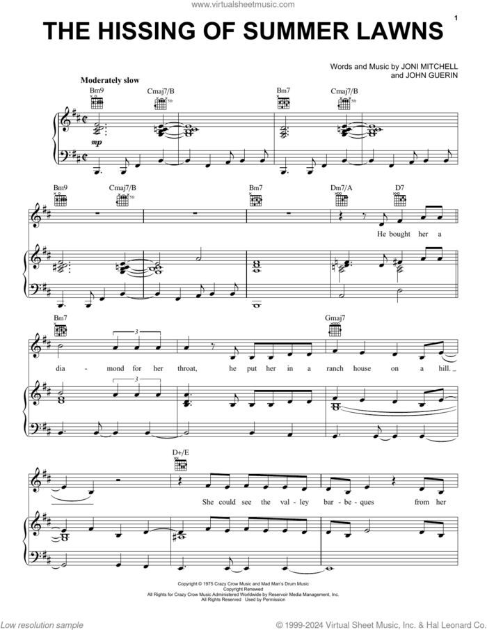 The Hissing Of Summer Lawns sheet music for voice, piano or guitar by Joni Mitchell and John Guerin, intermediate skill level