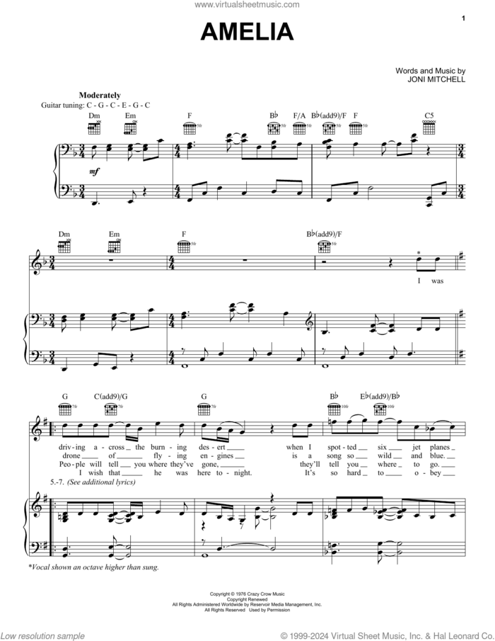 Amelia sheet music for voice, piano or guitar by Joni Mitchell, intermediate skill level