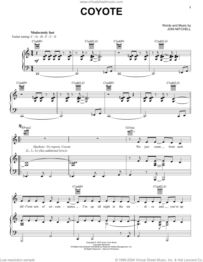 Coyote sheet music for voice, piano or guitar by Joni Mitchell, intermediate skill level