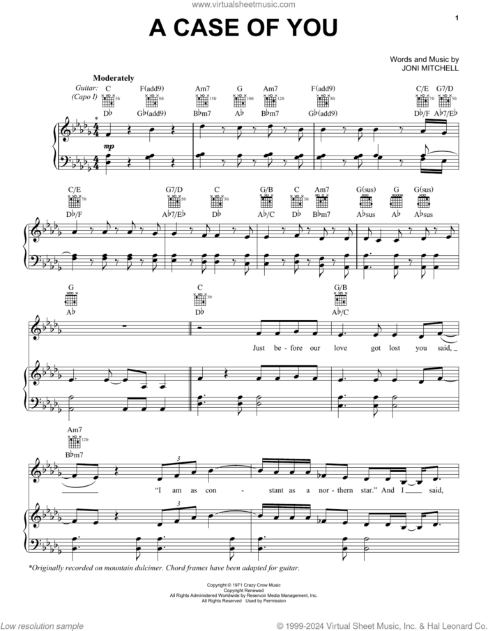 A Case Of You sheet music for voice, piano or guitar by Joni Mitchell and James Wolpert, intermediate skill level