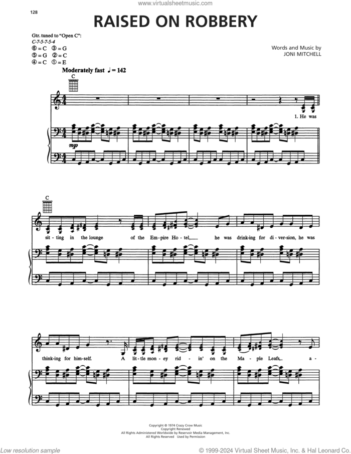 Raised On Robbery sheet music for voice, piano or guitar by Joni Mitchell, intermediate skill level