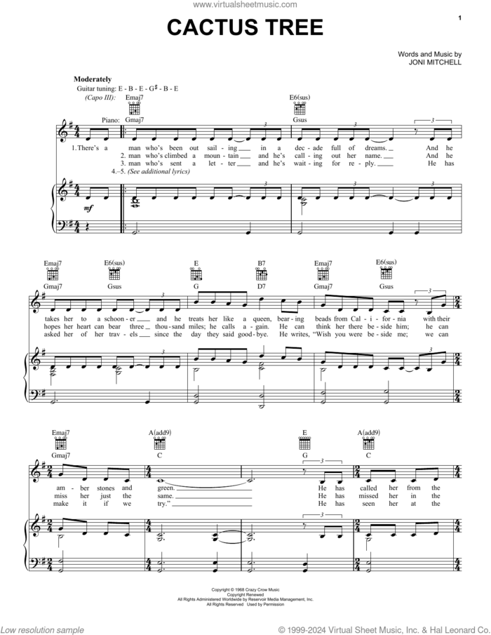 Cactus Tree sheet music for voice, piano or guitar by Joni Mitchell, intermediate skill level