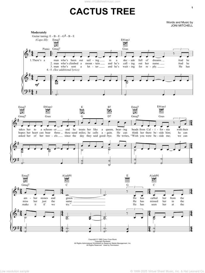 Cactus Tree sheet music for voice, piano or guitar by Joni Mitchell, intermediate skill level