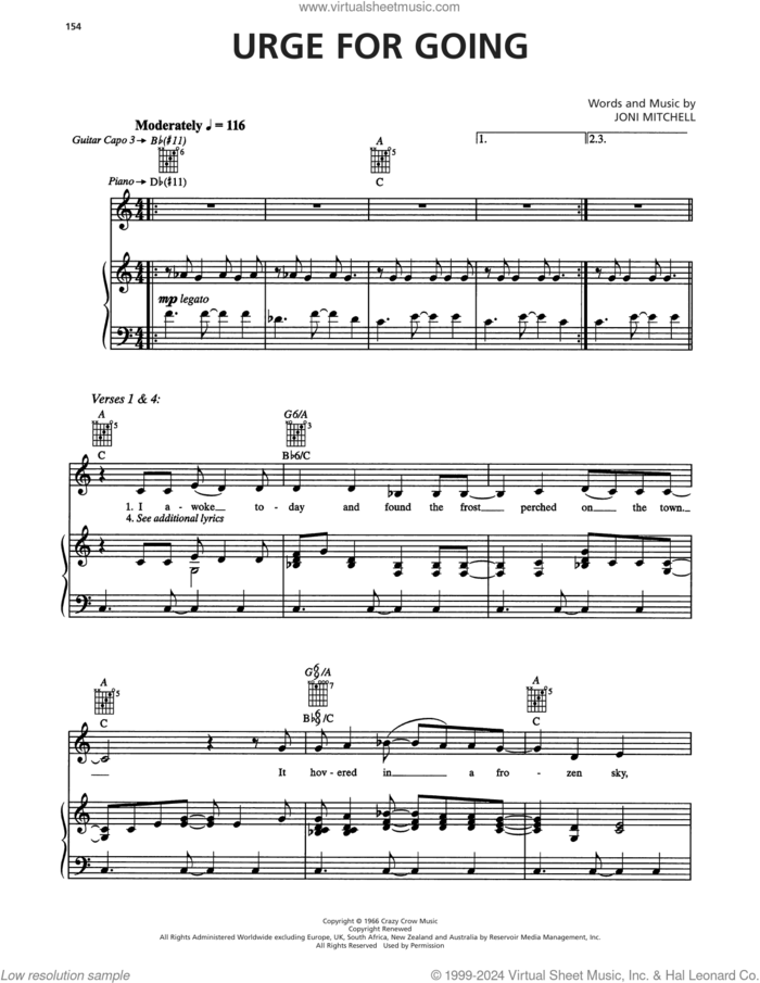 Urge For Going sheet music for voice, piano or guitar by Joni Mitchell, intermediate skill level