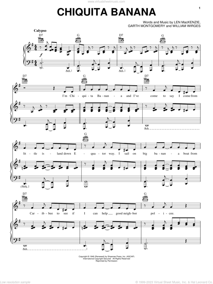 Chiquita Banana sheet music for voice, piano or guitar by Edmundo Ros, Garth Montgomery, Len Mackenzie and William Wirges, intermediate skill level