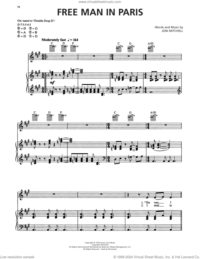 Free Man In Paris sheet music for voice, piano or guitar by Joni Mitchell, intermediate skill level