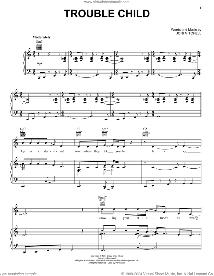 Trouble Child sheet music for voice, piano or guitar by Joni Mitchell, intermediate skill level