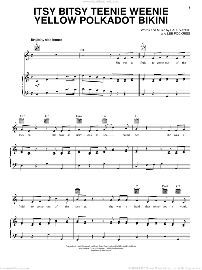 Itsy Bitsy Teenie Weenie Yellow Polkadot Bikini sheet music for voice, piano or guitar by Brian Hyland, Lee Pockriss and Paul Vance, intermediate skill level