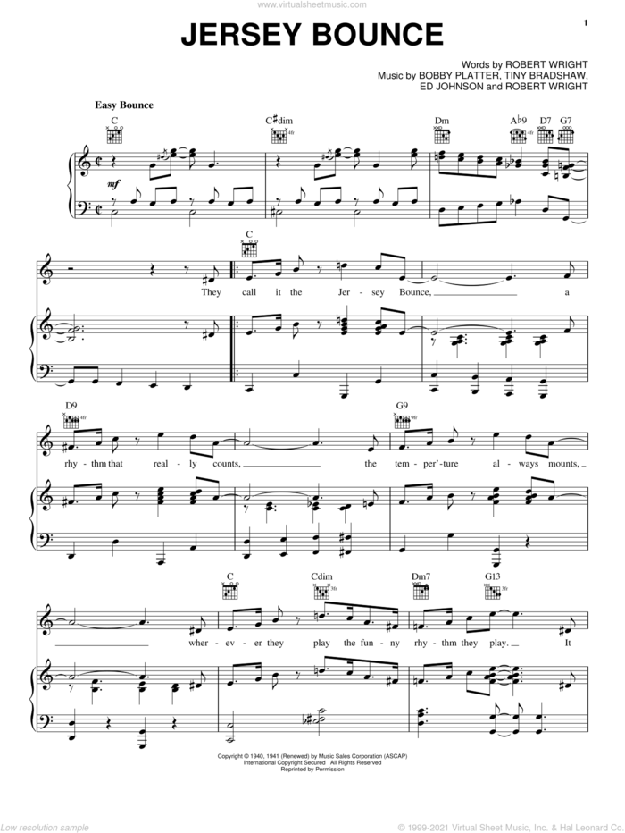 Jersey Bounce sheet music for voice, piano or guitar by Benny Goodman, Bobby Platter, Ed Johnson, Robert Wright and Tiny Bradshaw, intermediate skill level