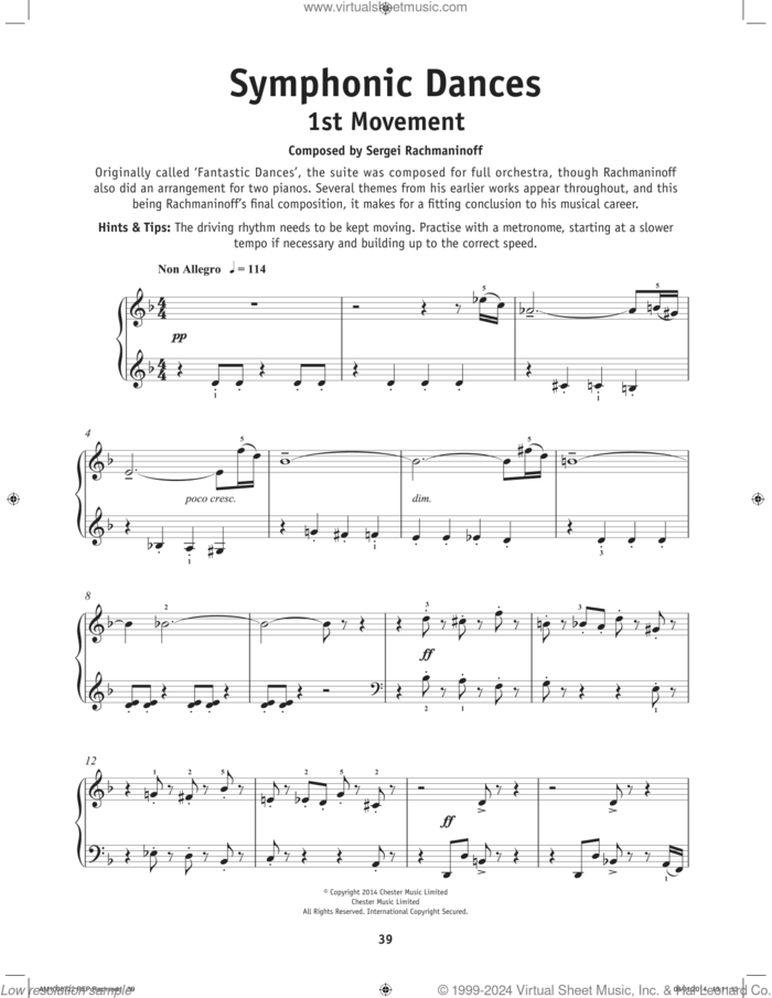 Symphonic Dances - 1st Movement, (beginner) sheet music for piano solo by Serjeij Rachmaninoff, classical score, beginner skill level