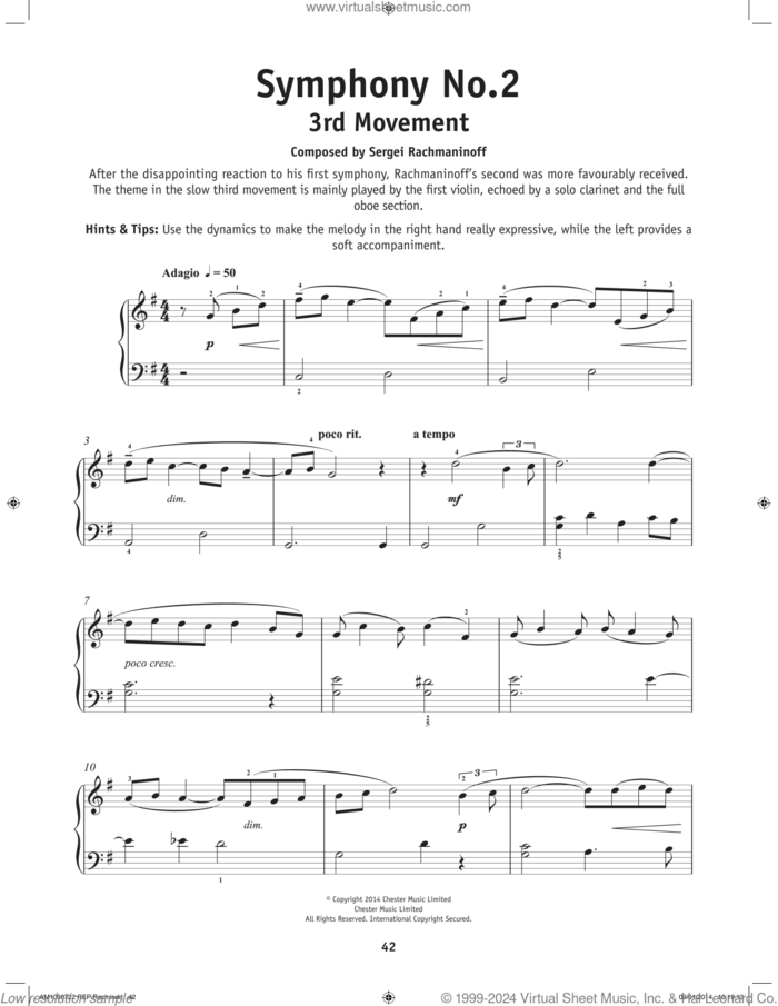 Symphony No. 2 - 3rd Movement, (beginner) sheet music for piano solo by Serjeij Rachmaninoff, classical score, beginner skill level