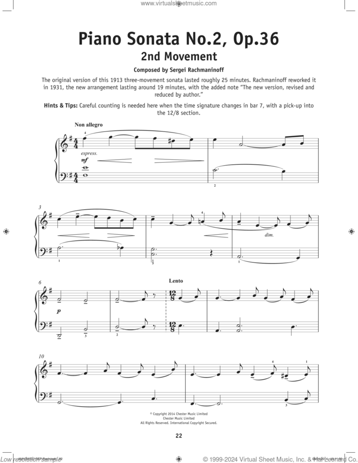 Prelude Sonata No. 2 Op. 36 - 2nd Movement sheet music for piano solo by Serjeij Rachmaninoff, classical score, beginner skill level