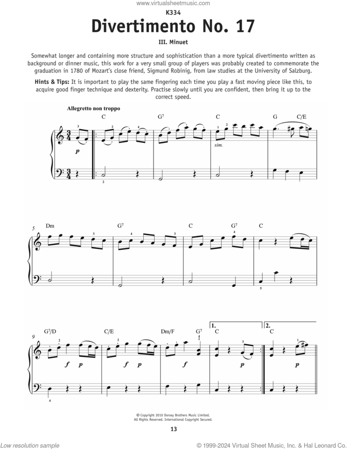 Minuet From Divertimento No. 17 K334 sheet music for piano solo by Wolfgang Amadeus Mozart, classical score, beginner skill level