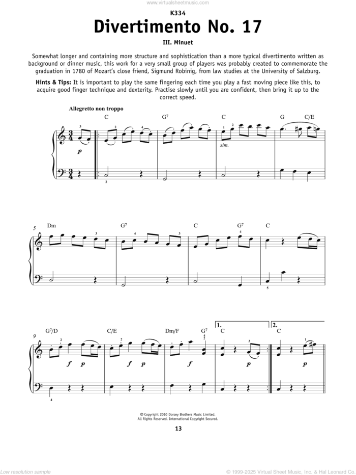 Minuet From Divertimento No. 17 K334 sheet music for piano solo by Wolfgang Amadeus Mozart, classical score, beginner skill level