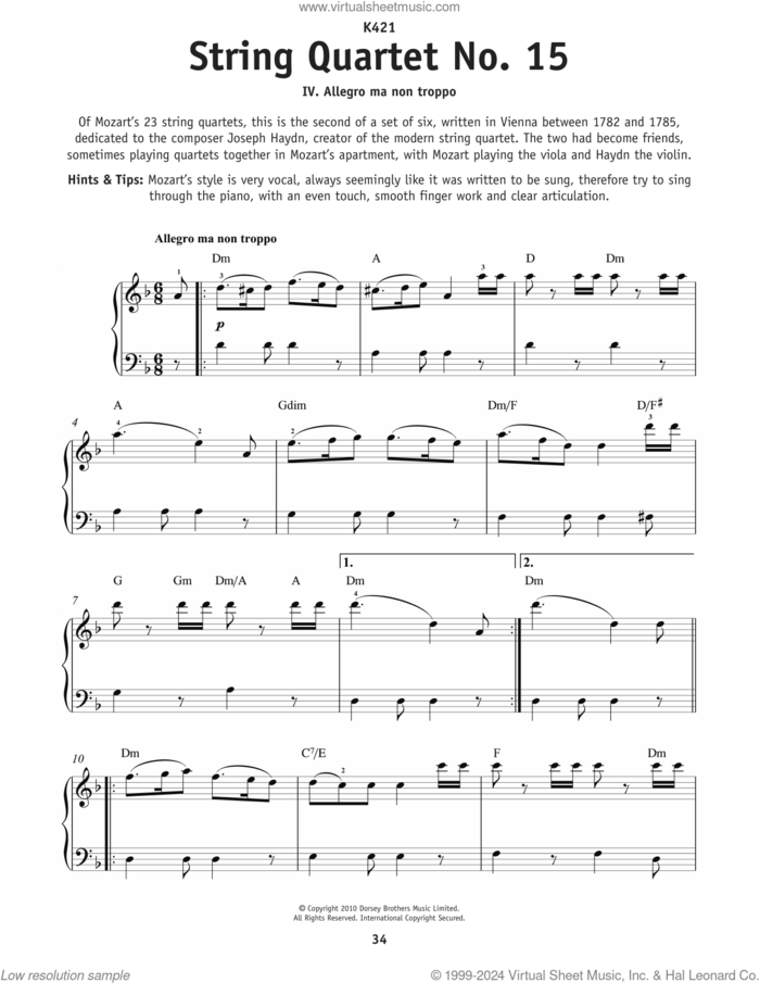 Allegretto Na Non Troppo (4th movement from String Quartet No15 In D Minor, K421) sheet music for piano solo by Wolfgang Amadeus Mozart, classical score, beginner skill level