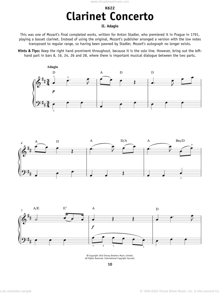 Clarinet Concerto, K. 622, 2nd Mvt. sheet music for piano solo by Wolfgang Amadeus Mozart, classical score, beginner skill level