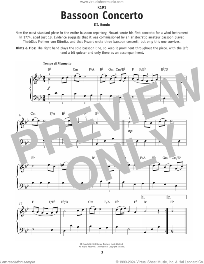 Rondo From Bassoon Concerto, K191 sheet music for piano solo by Wolfgang Amadeus Mozart, classical score, beginner skill level