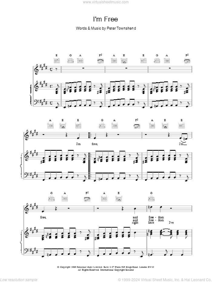 I'm Free sheet music for voice, piano or guitar by The Who and Pete Townshend, intermediate skill level
